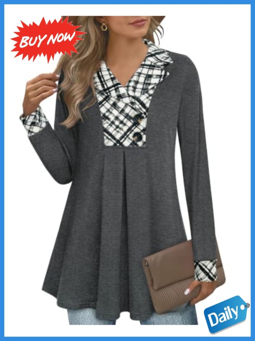Women's Swing Tunic Notch Collar Button Sweatshirt Long Sleeve Pullover Top